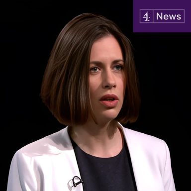 Screenshot of Helen Evans being interviewed on Channel 4 News