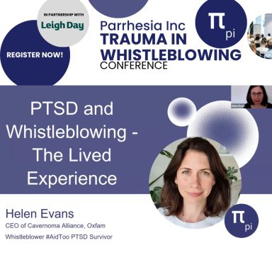 Screenshot of Helen Evans and the title of the session 'PTSD and Whisteblowing - The Lived Experience'