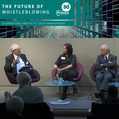 Helen Evans speaking to the host of Protect's 'The Future of Whistleblowing' Conference